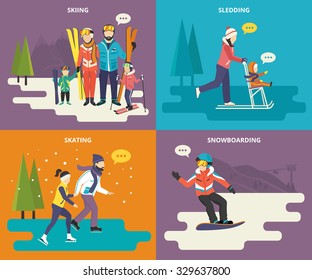 Family with kids concept flat icons set of winter sport such as skiing, ice skating, sledding and snowboarding