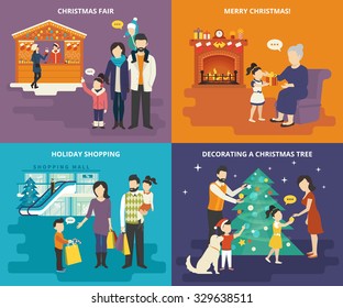 Family with kids concept flat icons set of christmas fair, holiday shopping with children, decorating a christmas tree with parents and giving a gift to grandmother at home. Holidays with happy family