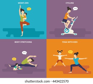 Family with kids concept flat icons set of mother with her baby standing in yoga pose, woman riding exercise bike, stretching the body and sitting with kids, mother doing sport exercises with doughter