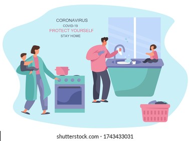 Family with Kids Cook on Kitchen Stove.Man Washing Dishes and Cleaning Kitchen.Domestic Working. House Interior.Housewife Washes Dirty Dishes on Kitchen Sink during Quarantine.Vector Illustration