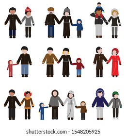 Family with kids and couples dressed in winter clothes set. People winter icon set. Vector.