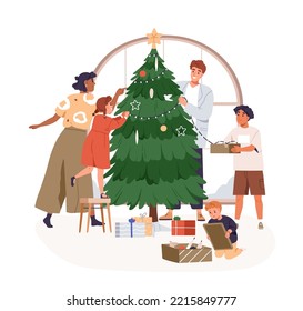 Family with kids decorating Xmas tree. Happy mother, father, children preparing festive decoration, Christmas fir for winter holiday at home. Flat vector illustration isolated on white background