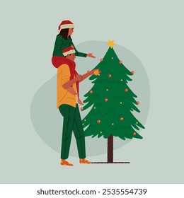 Family with kids decorating Xmas tree. Daughter, father, and children preparing festive decorations, and Christmas fir for winter holiday at home. Flat vector illustration isolated on green background