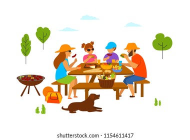 family with kids and dog at a picnic in the park, eating, grilling, make bbq, isolated vector illustration scene