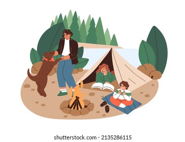 Family with kids and dog relaxing in camp in nature. People tourists resting outdoors with tent and campfire near water, river bank in forest. Flat vector illustration isolated on white background - Shutterstock ID 2135286115
