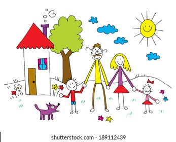 family in kids drawing style