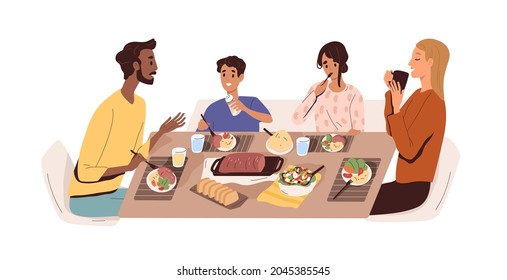 Family with kids eating home food at dining table. Father, mother and children at dinner. Happy parents, son and daughter enjoying meal with meat. Flat vector illustration isolated on white background