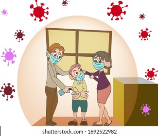 Family with kids in face mask protect covid19. Father Mother and child wear facemask during coronavirus and flu outbreak. Virus and illness protection