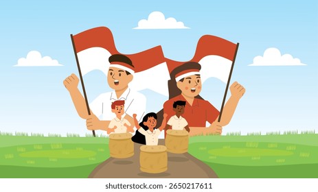 Família com crianças alegremente jogando sack race enquanto segurando bandeiras comemorando o Dia da Independência da Indonésia