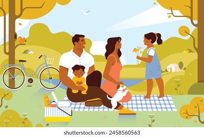 Family with kids have picnic on the nature. Cheerful parents and children spending time outdoor in forest. Flat vector illustration
