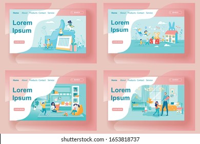 Family with Kids Life Landing Page Templates Set. Kindergarten, Nursery School Homepage Design. Mother and Father Plating with Infants, Toddlers. Safe Playground, Early Development Center Webpage