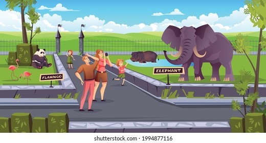 Family with kids looking at elephant flamingo panda hippopotamus wild animals in zoo natural park vector illustration