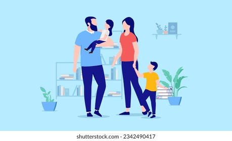 Family with kids - Parents with two children standing indoors in living room. Flat design vector illustration with blue background