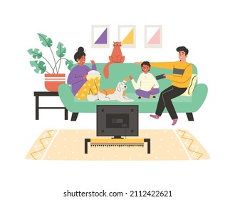 Family with kids and pets stay at home and watch TV together, flat vector illustration isolated on white background. Cartoon characters spend time together on the weekends or evenings.