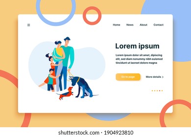 Family with kids and pets walking together. New born baby, dog, couple of parents flat vector illustration. Weekend, lifestyle, togetherness concept for banner, website design or landing web page