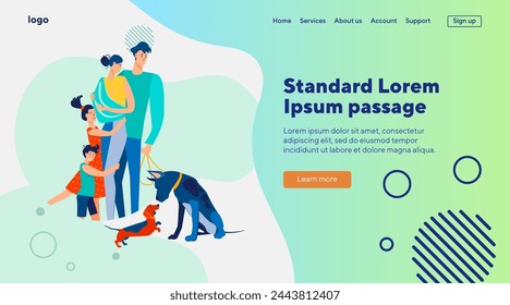 Family with kids and pets walking together. New born baby, dog, couple of parents flat vector illustration. Weekend, lifestyle, togetherness concept for banner, website design or landing web page