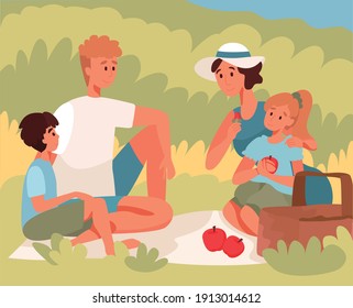 Familia con niños en el picnic en verano. Ilustración de diseño plano. Vector