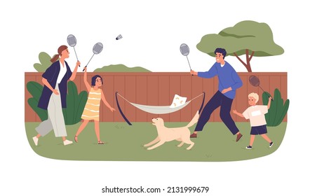 Family with kids playing badminton on yard. Active parents and children outdoors together. Happy mother, father, son and daughter at leisure. Flat vector illustration isolated on white background - Shutterstock ID 2131999679