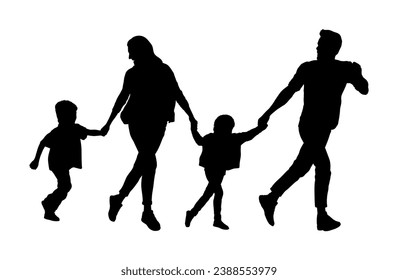 Family and kids playing games together outdoor vector silhouette.	