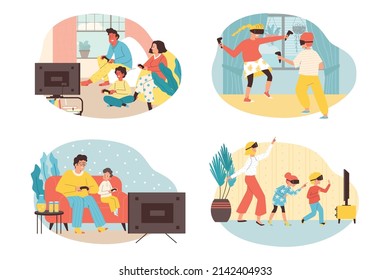Family with kids playing VR and video games together, flat vector illustration isolated on white background. Concept of togetherness and time spent together. Set of characters at home with joysticks.