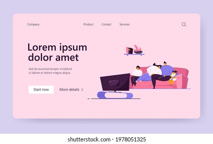 Family with kids relaxing on sofa and watching TV flat vector illustration. Happy cartoon mom, dad and children on coach watching news in living room. Leisure and entertainment concept