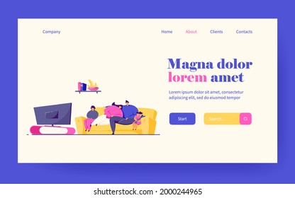 Family with kids relaxing on sofa and watching TV flat vector illustration. Happy cartoon mom, dad and children on coach watching news in living room. Leisure and entertainment concept