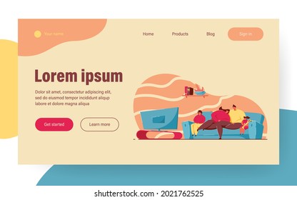 Family with kids relaxing on sofa and watching TV flat vector illustration. Happy cartoon mom, dad and children on coach watching news in living room. Leisure and entertainment concept