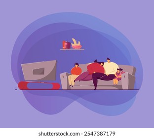 Family with kids relaxing on sofa and watching TV flat vector illustration. Happy cartoon mom, dad and children on coach watching news in living room. Leisure and entertainment concept