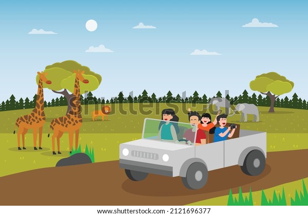 Family\
and kids at safari park 2d flat vector illustration concept for\
banner, website, landing page, ads, flyer\
template
