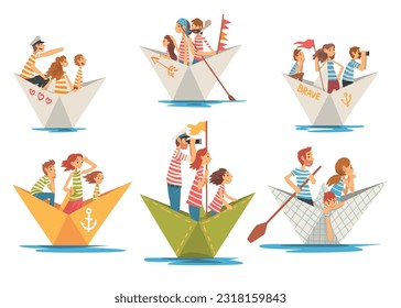 Family with Kids in Striped Sweatshirt Sailing on Board of Paper Boat Across River Vector Set