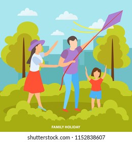 Family with kids summer outdoor activities orthogonal composition with kite flying in city park background vector illustration 