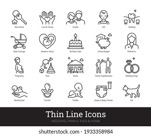 Family, kids thin line icons. Vector collection linear pictogram related to home, household, love, baby birth, holidays, engagement, wedding. Isolated vector set on white background. Editable strokes.
