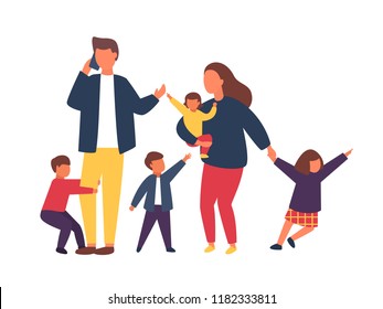 Family with kids. Tired parents with naughty children. Couple of people with babies. Vector illustration.