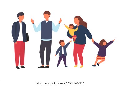 Family with kids. Tired parents with naughty children. Couple of people with babies. Vector illustration.