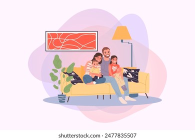 Family with kids at TV vector illustration. Happy man, woman, boy, girl sitting together on couch at home, watching movie. Young couple with children for house interior, entertainment, love concept