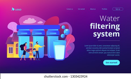 Family With Kids Use Home Purification Filters To Lower Contamination. Water Filtering System, Home Water Treatment, Water Delivery Service Concept. Website Vibrant Violet Landing Web Page Template.