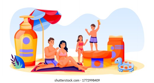 Family with kids use sunblock cosmetic. Father, mother, son, daughter sunbathing on beach. Summer face and body solar protection concept. Vector illustration of skincare sunscreen cosmetics packaging