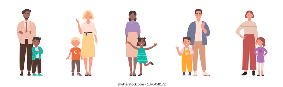 Family with kids vector illustration set. Cartoon parent people standing with children together, young father or mother with child son or daughter, happy parenthood, parental love isolated on white