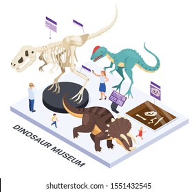 Family With Kids Visiting Modern Dinosaur Museum Exhibition With Digital Interactive Displays Info Isometric Composition Vector Illustration 