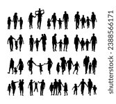 Family and kids walking and playing together having fun outdoors various poses on white background silhouette set.	
