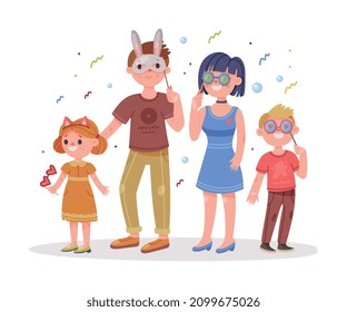 Family with Kids Wearing Party Birthday Photo Booth Props Standing and Smiling Vector Illustration