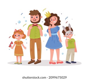 Family with Kids Wearing Party Birthday Photo Booth Props Standing and Smiling Vector Illustration