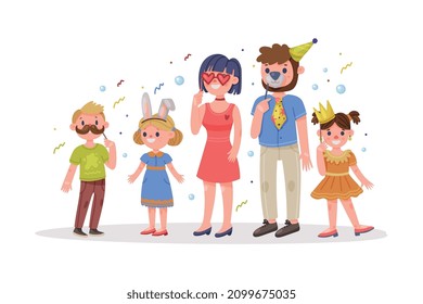 Family with Kids Wearing Party Birthday Photo Booth Props Standing and Smiling Vector Illustration