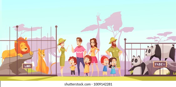 Family with kids at zoo between lions and pandas enclosures talking to animal curators cartoon vector illustration