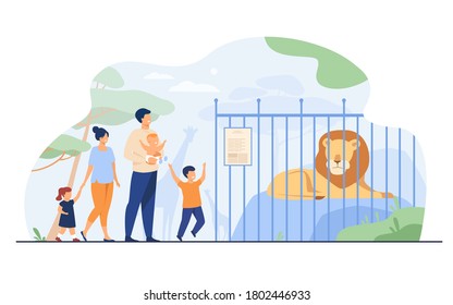 Family with kids in zoo looking at lion in cage flat vector illustration. Cartoon tourists walking in safari park together. Weekend, animals and tourism concept