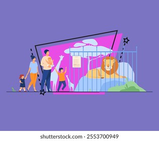 Family with kids in zoo looking at lion in cage flat vector illustration. Cartoon tourists walking in safari park together. Weekend, animals and tourism concept