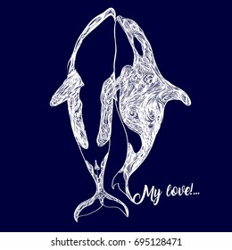 family of killer whales swim breathing together inside ocean a hand drawn drawing translated into a vector. Modern illustration for the invitation card or print on the T-shirt.