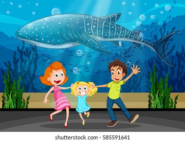 Family and killing whale in aquarium illustration
