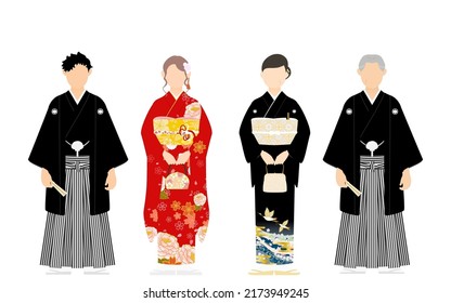 Family in Kimono, Montsuki Hakama and Furisode, Kurotomesode