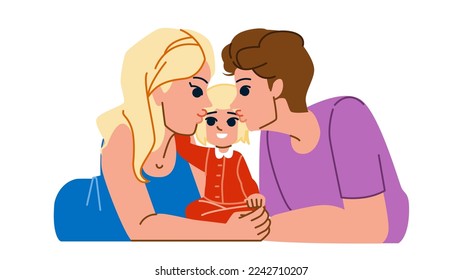 family kiss vector. child, mother love, happy fun, daughter woman, parent girl, childhood mom, father kid family kiss character. people flat cartoon illustration